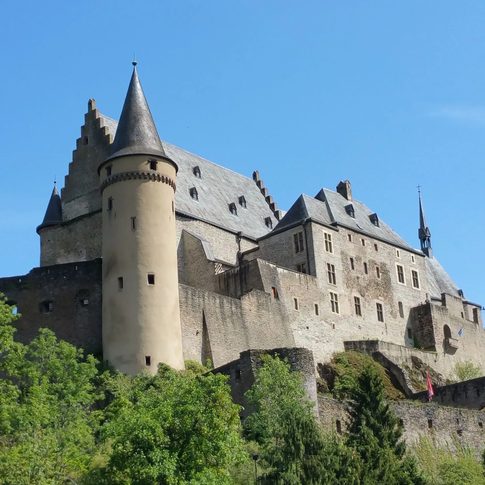 Château médiéval entouré d'arbres, ciel bleu.